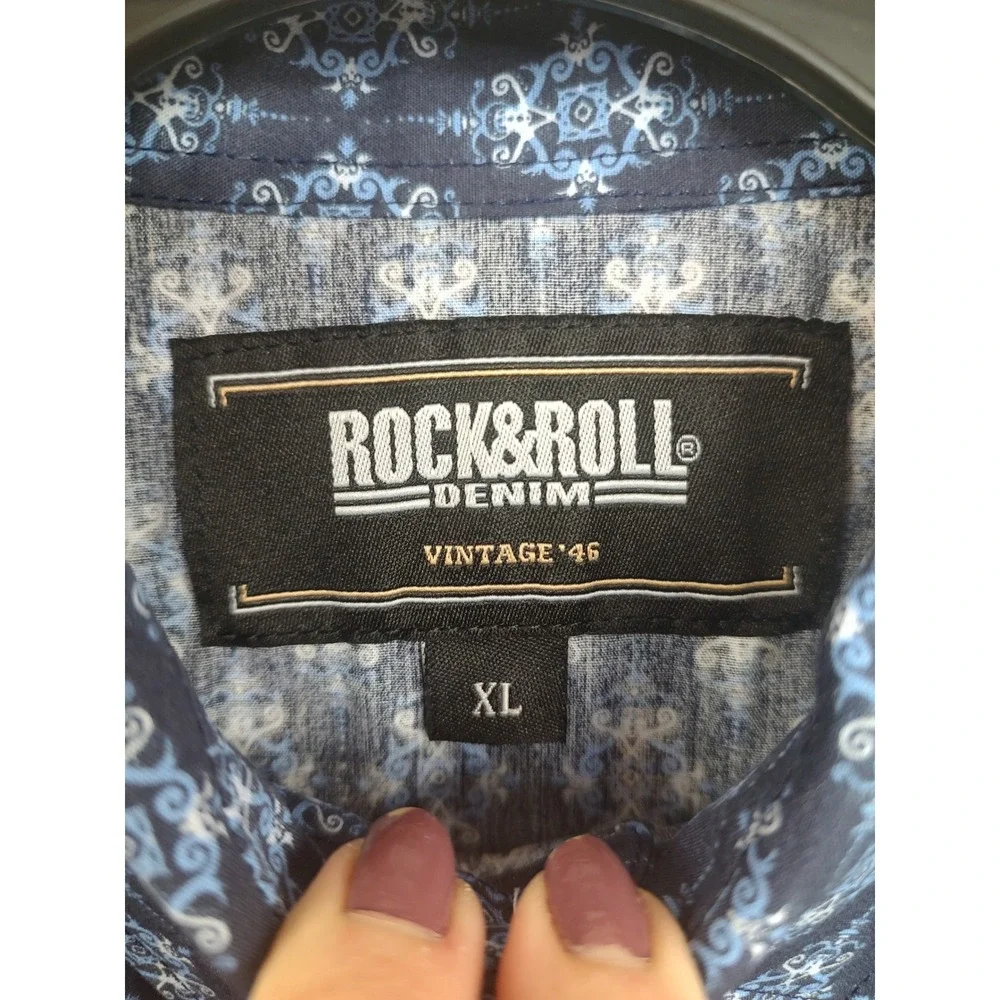 Rock & Roll Denim Kids XL‎ Blue Geometric Print Long Sleeve Western Shirt